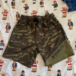 Virus men’s workout shorts, green camo